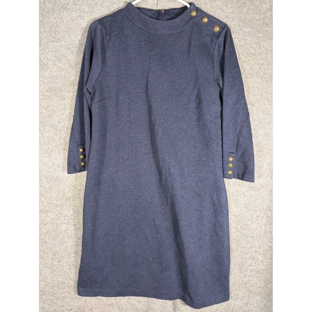 Talbots Womens Navy Blue Flecked Knit Mock Neck Gold Button Shift Dress Size M